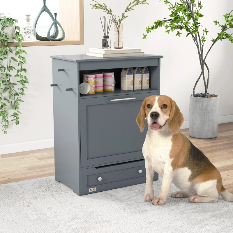 PawHut Pet Feeder Station Storage Cabinet, Dog Food Storage Container with Dog Raised Bowls, Watering Supplies, Grey