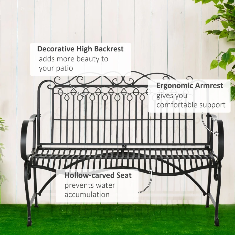 Outsunny Metal Park Bench for Front Porch, Loveseat Like 2 Person, Armrests, Steel Frame, European Antique Style Outdoor Furniture, Black