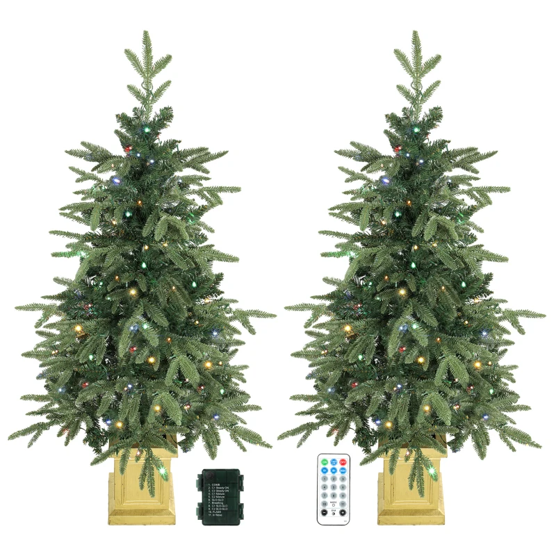 HOMCOM 4ft Prelit Christmas Tree with Dual-Color LEDs, Remote, Set of 2 Aspen Fir, Battery-Operated, 11 Modes, Decorative Pot