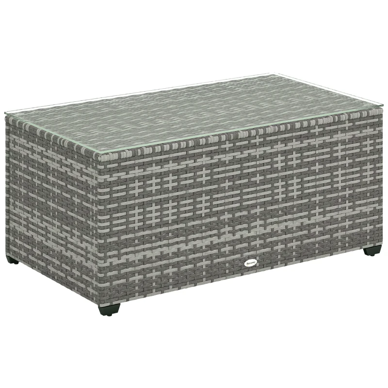 Outsunny Wicker Outdoor Coffee Table, PE Wicker Rectangular Patio Table with Tempered Glass Top for Garden, Balcony, Light Grey
