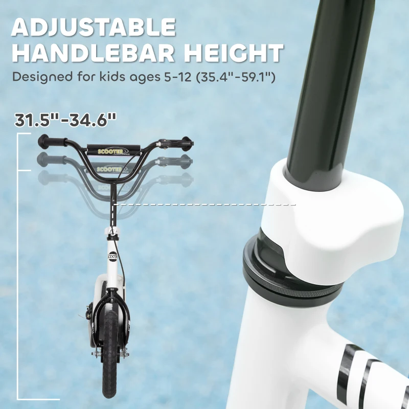 Qaba Kids Scooter, Lightweight Scooter with Adjustable Handlebar, Rear Brake, Kickstand, 12" EVA Wheels, for 5-12 Y, White