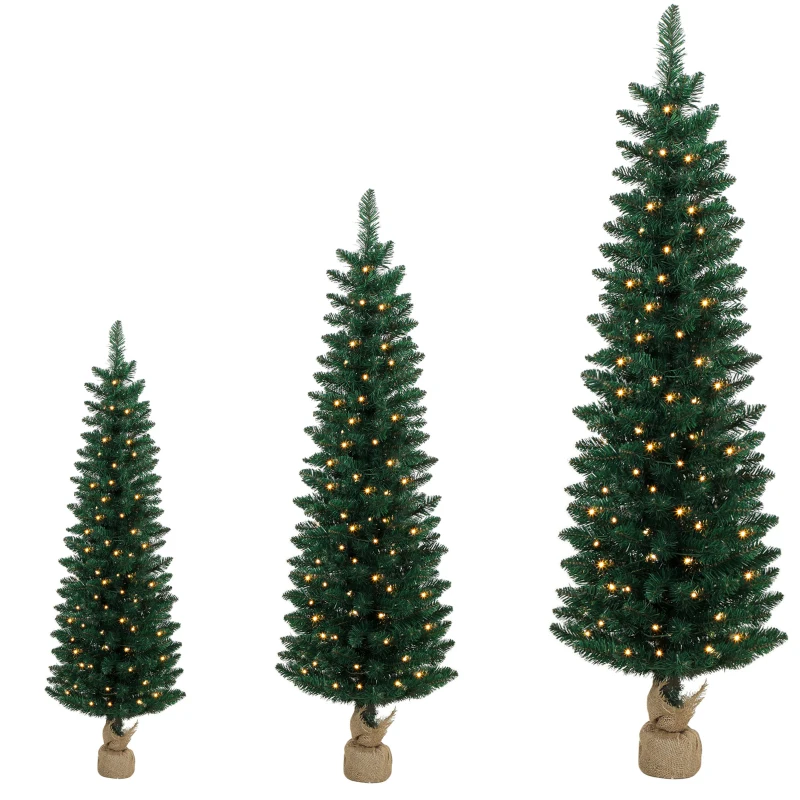 HOMCOM Artificial Pencil Christmas Tree Set of 3, Pre-Lit Christmas Trees with PVC Tips and Warm White LED Lights, Green