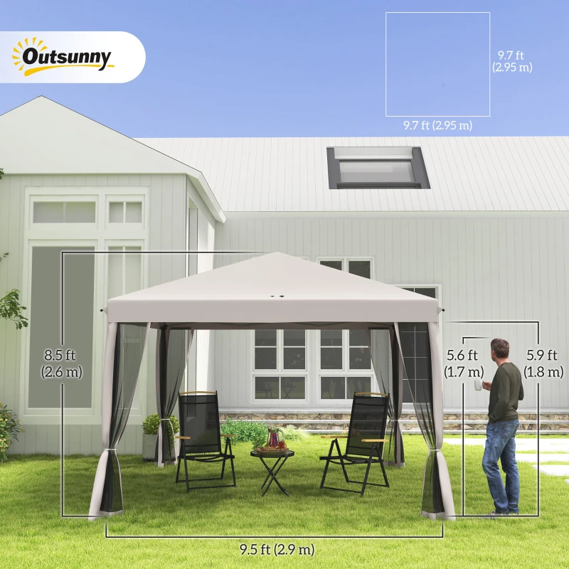 Outsunny 10' x 10' Pop Up Canopy Tent Gazebo, Foldable Canopy Tent with Zipper Mesh Sidewalls and Carry Bag, Easy Setup Screen Shelter for Backyard Patio Outdoor, Beige