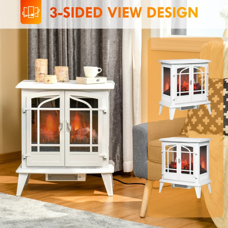 HOMCOM Electric Fireplace Heater, Freestanding Fireplace Stove with Realistic LED Log Flames and Overheating Safety Protection, 1400W, White