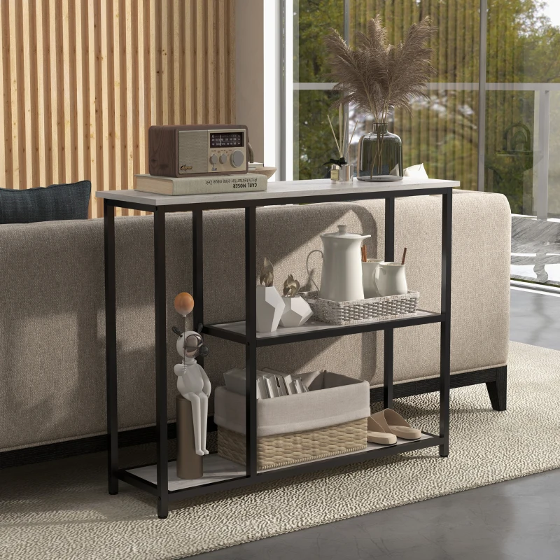 HOMCOM 39" Console Table, Entryway Table with 2 Storage Shelves, Steel Frame, Narrow Sofa Table for Living Room, Gray
