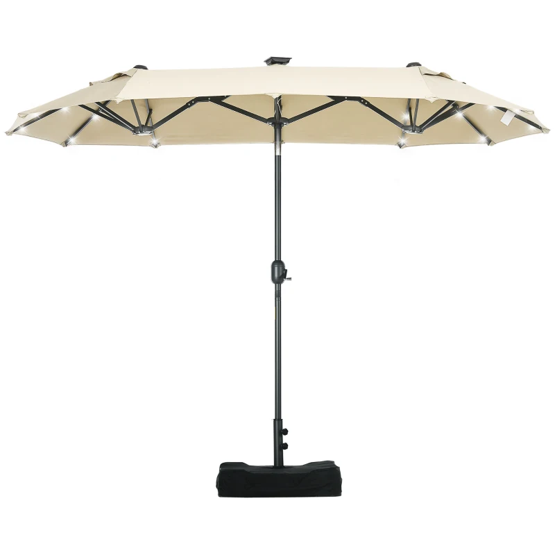 Outsunny 10FT Double-Sided Patio Umbrella with Solar Lights and Sandbag Base, Outdoor Umbrella with Push Button Tilt, Crank, Air Vents for Garden, Backyard, Deck, Pool, Market, Cream White