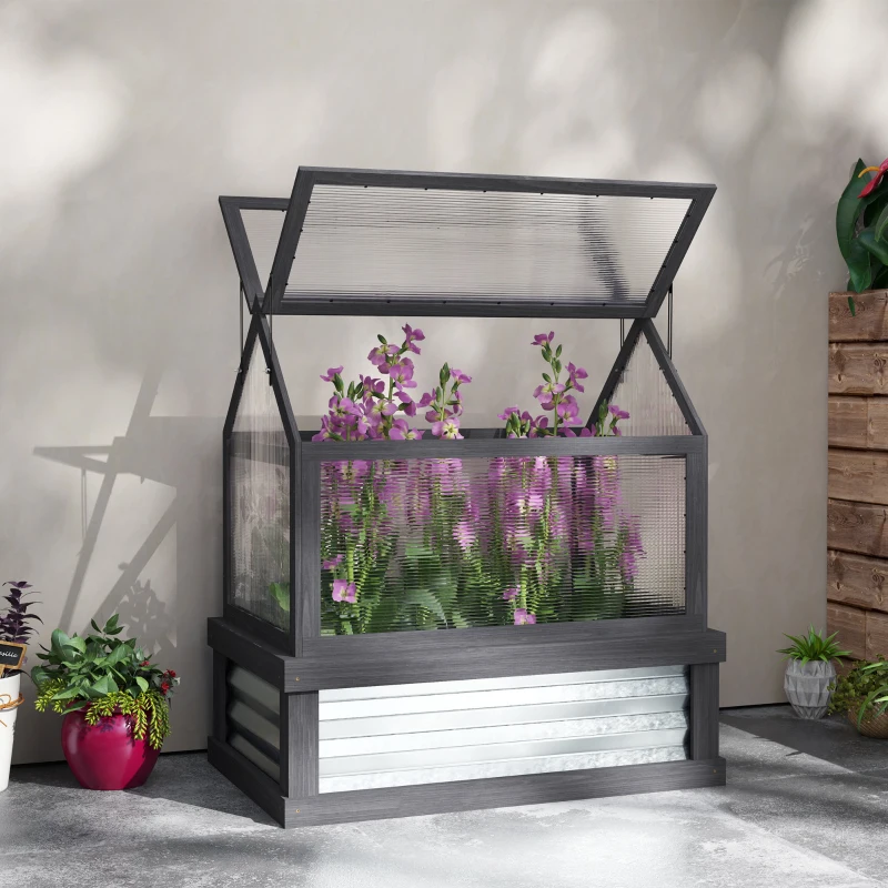 Outsunny Raised Garden Flower Bed Kit with Greenhouse, Wooden Cold Frame Planter, 35.5" x 22.5" x 38.25", Gray