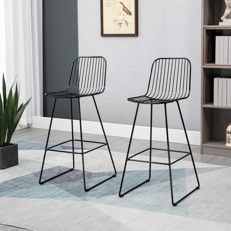 HOMCOM Modern Bar Stools, Metal Wire Bar Height Barstools, 30" Seat Height Bar Chairs for Kitchen with Back and Footrest, Set of 4, Black