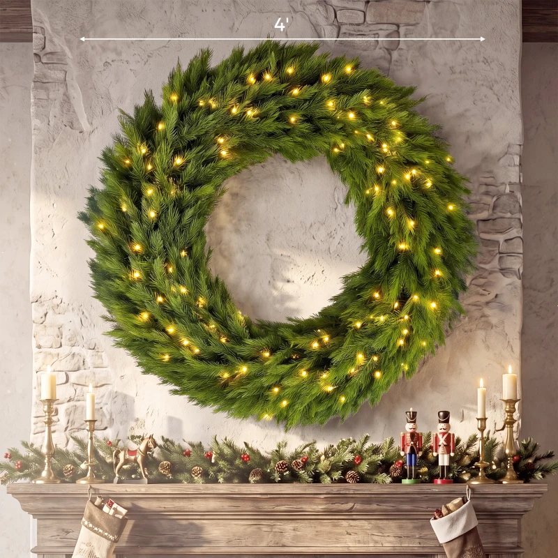 HOMCOM Christmas Decoration, 48 in Pre-Lit Norwegian Spruce Artificial Christmas Wreath with 150 LED Lights, Green