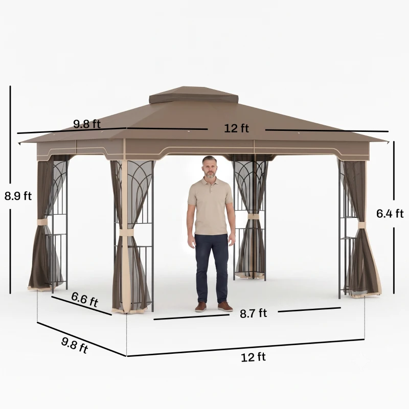 Outsunny 10' x 12' Patio Gazebo, Double Roof Outdoor Canopy Shelter with Corner Frame and Mesh Netting for Garden, Lawn, Backyard and Deck, Brown