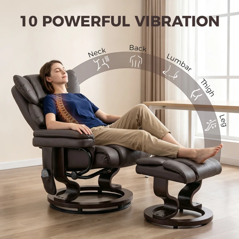 HOMCOM Massage Recliner Chair with Footrest, Swivel Armchair, Wrapped Wood Base, 10 Massage Points, Faux Leather, Brown