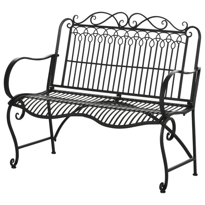 Outsunny Metal Park Bench for Front Porch, Loveseat Like 2 Person, Armrests, Steel Frame, European Antique Style Outdoor Furniture, Black