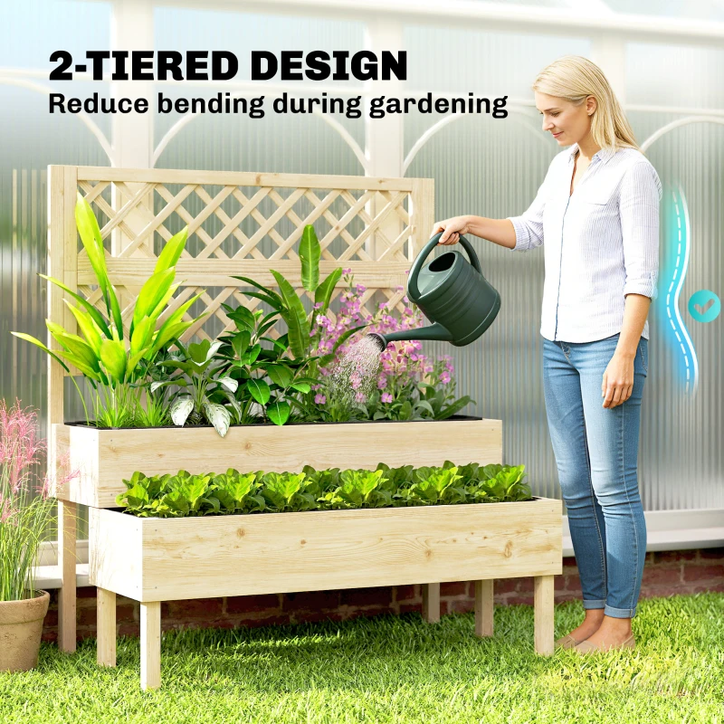 Outsunny 2-Tier Raised Garden Bed with Trellis, Elevated Planter Box for Climbing Plants, Natural