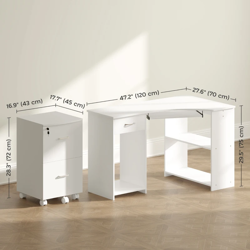 Vinsetto L-Shaped Computer Desk and File Cabinet Set for Bedroom, White