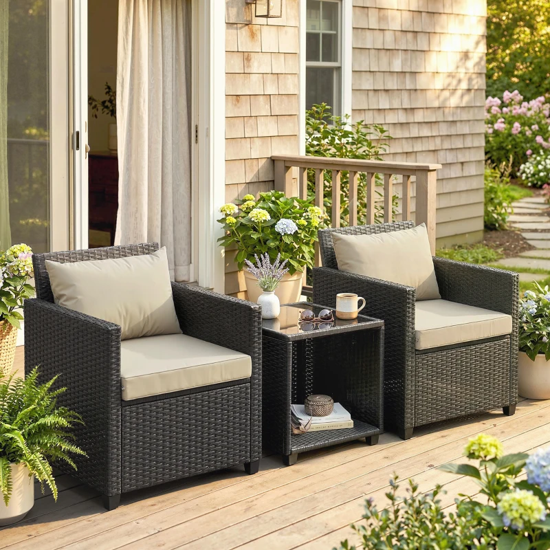Outsunny 3 Piece Patio Bistro Set, Wicker Furniture Set with Thick Cushions, Glass Coffee Table and Chairs for Garden, Beige