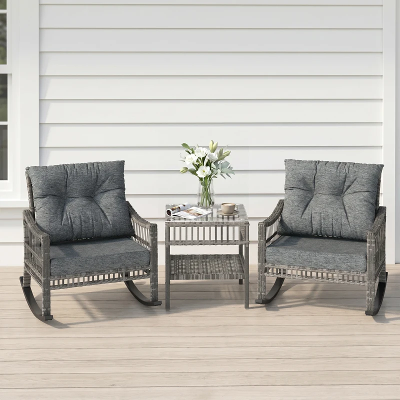 Outsunny 3 Piece Outdoor PE Rattan Rocker Chair Set, Rocking Chair with Tempered Glass Table Top, Gray