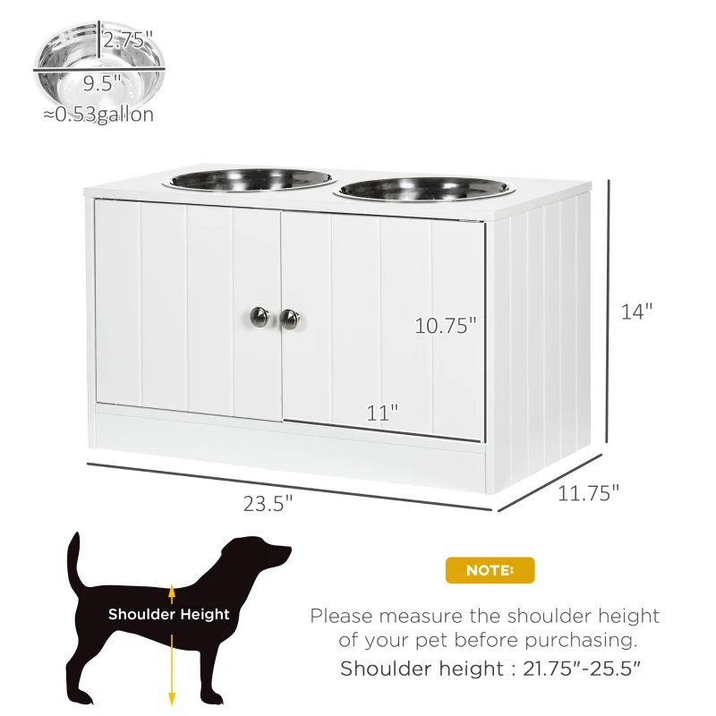 PawHut Large Elevated Dog Bowls with Storage Cabinet Containing Large 44L Capacity, Raised Dog Bowl Stand Pet Food Bowl Pet Feeding Station, White
