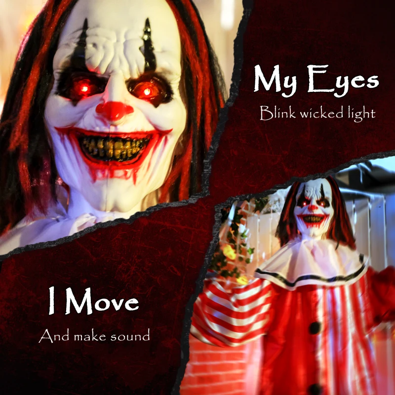 Outsunny Life Size Halloween Animated Clown with Red Light Up Eyes, Sound Activated Scary Halloween Decorations, Battery Operated