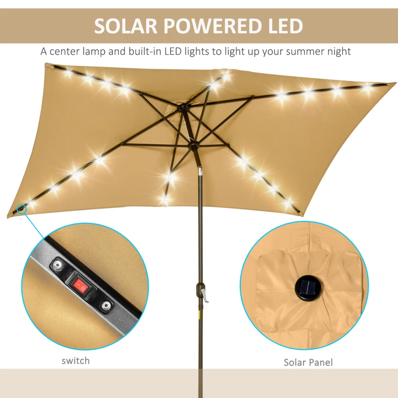 Outsunny 6.5x10ft Patio Umbrella Rectangle Solar Powered Tilt Aluminum Outdoor Market Parasol with LEDs Crank (Light Coffee)