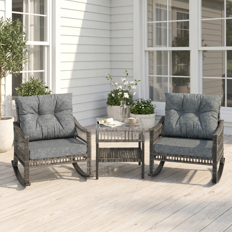 Outsunny 3 Piece Outdoor PE Rattan Rocker Chair Set, Rocking Chair with Tempered Glass Table Top, Gray