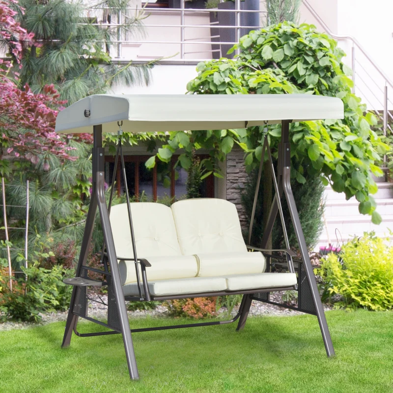 Outsunny 2-Person Patio Swing Bench with Adjustable Shade Canopy, Soft Cushions, Throw Pillows and Tray, Beige.