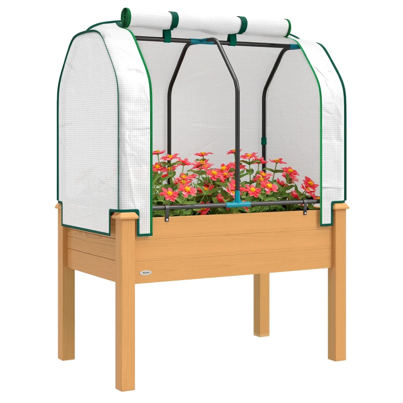 Outsunny Raised Garden Bed with PE Greenhouse Cover Outdoor Planter Box for Herbs and Vegetables, 35 x 22 x 47 inch, Sand