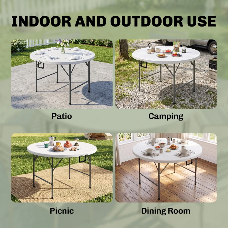 Outsunny Φ48" Folding Patio Table, Outdoor HDPE Picnic Table, Card Table for 6, Round Folding Banquet with Metal Frame, White