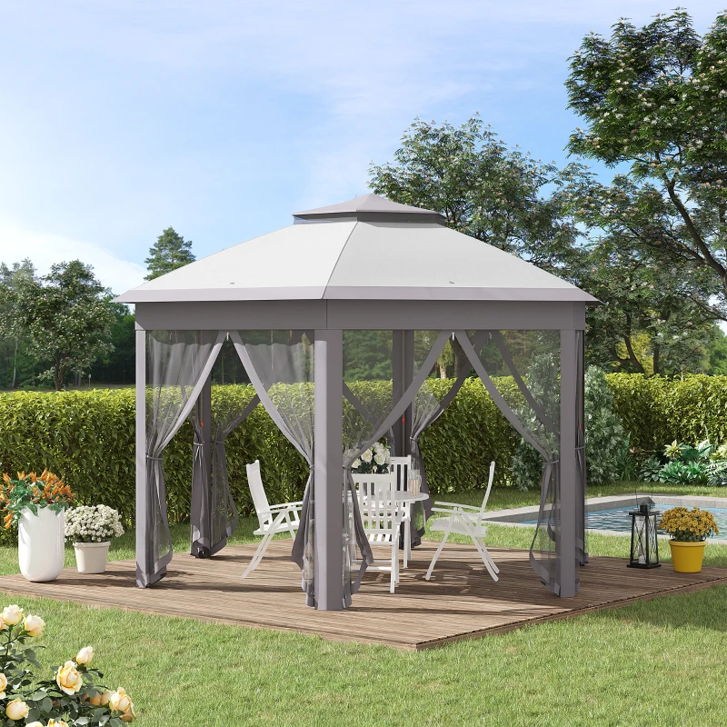 Outsunny 11' x 13' Pop Up Gazebo Canopy Tent with Zippered Mesh Sidewalls and Carrying Bag, Event Tent Shelter for Patio Garden Backyard, Gray