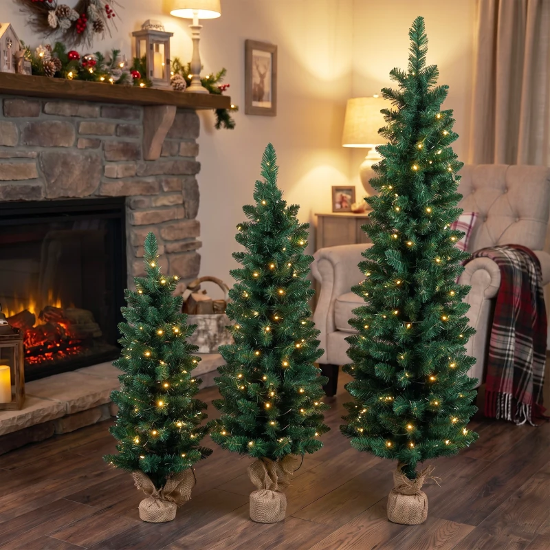 HOMCOM Artificial Pencil Christmas Tree Set of 3, Pre-Lit Christmas Trees with PVC Tips and Warm White LED Lights, Green