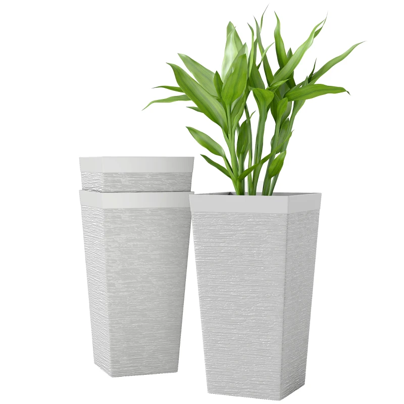Outsunny 22.8 Inch Set of 3 Outdoor Planters with Stone Finish and Wheels, Stackable Tapered Planters with Drainage Hole, White