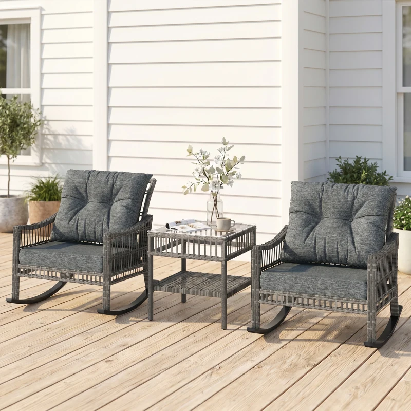Outsunny 3 Piece Outdoor PE Rattan Rocker Chair Set, Rocking Chair with Tempered Glass Table Top, Gray