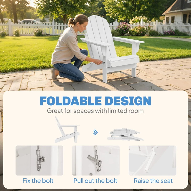 Outsunny Folding Adirondack Chair, HDPE Fire Pit Chair, Weather Resistant Outdoor Chair for Patio, Garden, Backyard, Lawn, White