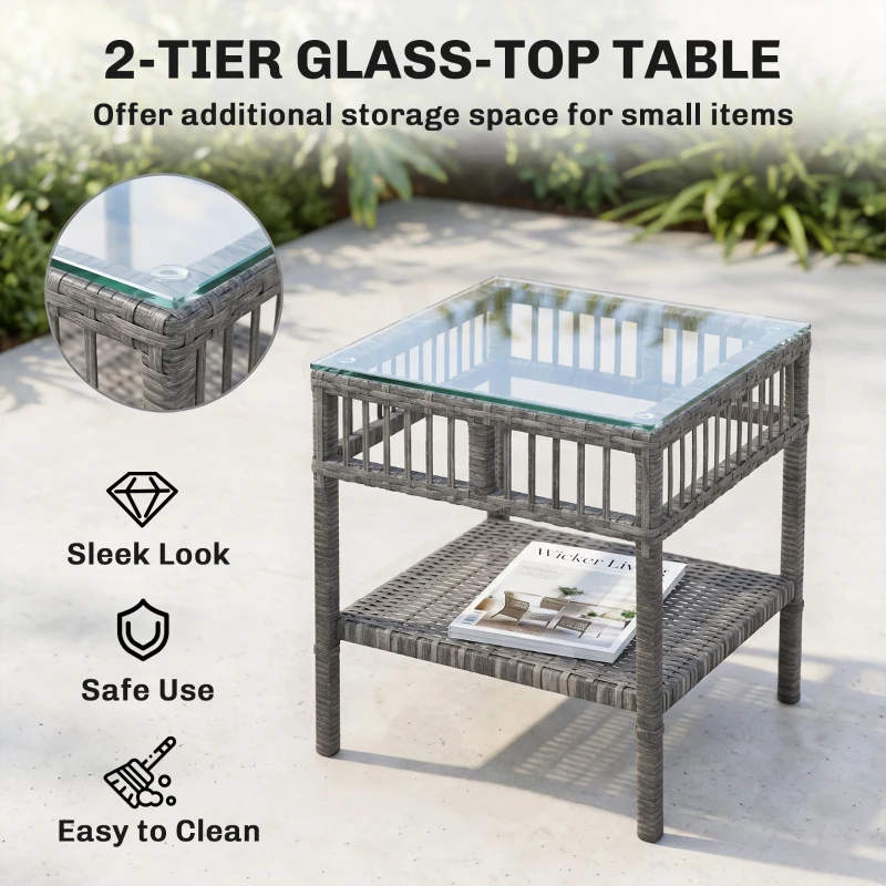 Outsunny 3 Piece Outdoor PE Rattan Rocker Chair Set, Rocking Chair with Tempered Glass Table Top, Gray