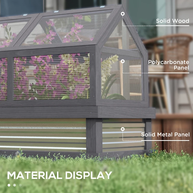 Outsunny Raised Garden Flower Bed Kit w/ Greenhouse, Wooden Cold Frame Planter, Gray