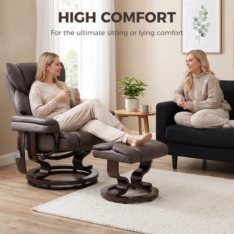 HOMCOM Massage Recliner Chair with Footrest, Swivel Armchair, Wrapped Wood Base, 10 Massage Points, Faux Leather, Brown
