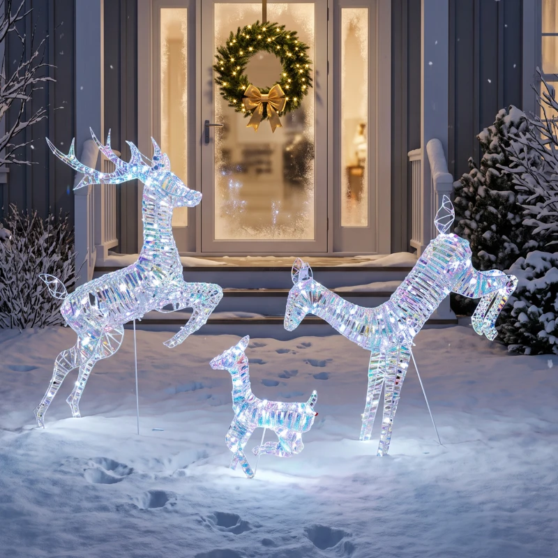 Outsunny 3-Piece Lighted Reindeer Family Set, Iridescent Outdoor Christmas Decoration, Deer Family with 8 Modes, Daily Timer