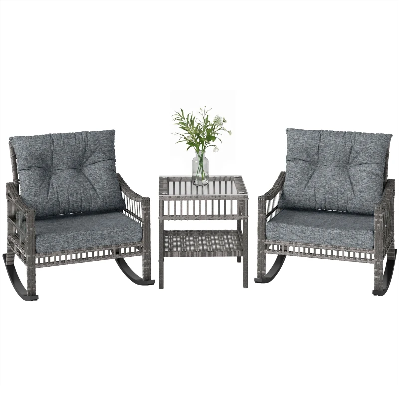 Outsunny 3 Piece Outdoor PE Rattan Rocker Chair Set, Rocking Chair with Tempered Glass Table Top, Gray