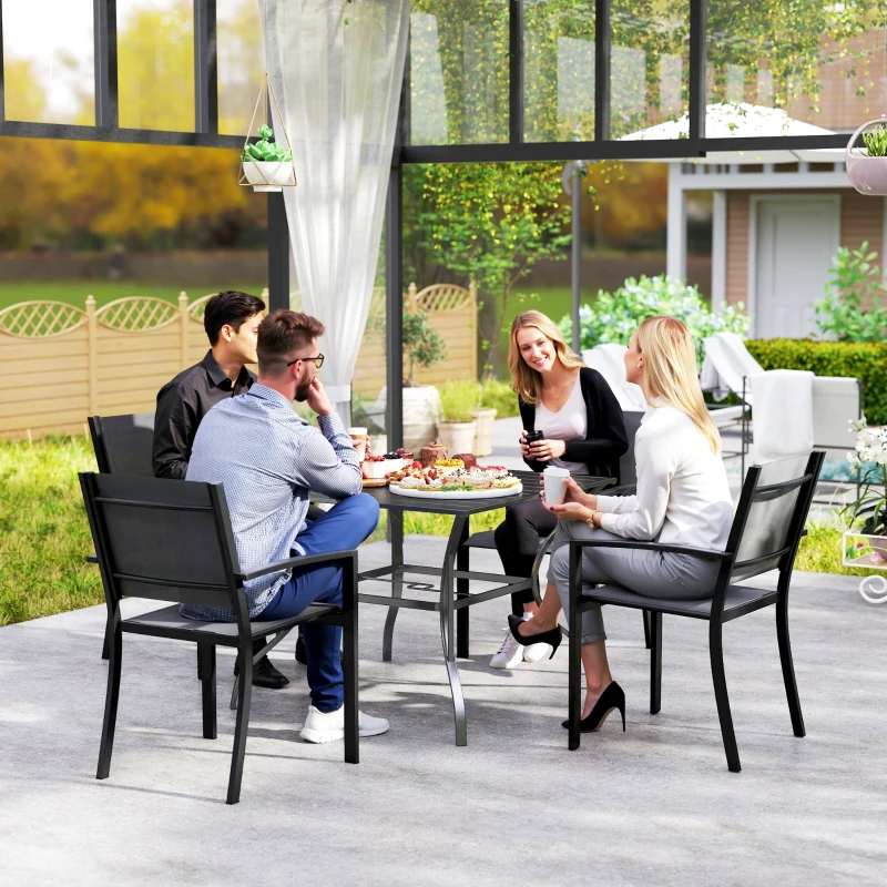 Outsunny Square Outdoor Patio Dining Table, Garden Table with Umbrella Hole, Slatted Metal Top for Backyard, Poolside, Dark Grey