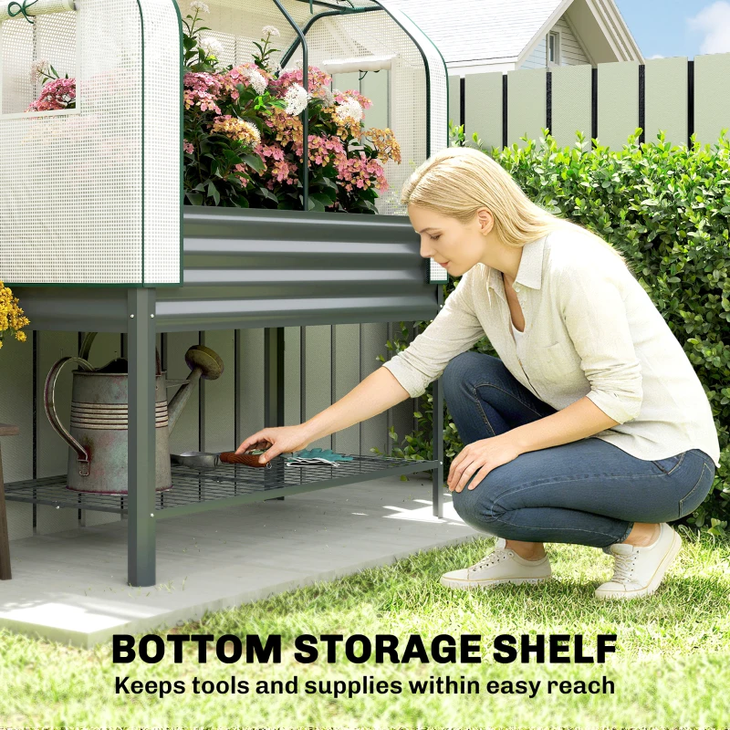 Outsunny Galvanised Raised Garden Bed with Greenhouse Cover, Metal Elevated Planter Box with Bed Liner, Bottom Shelf, Dark Grey