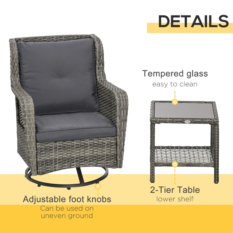 Outsunny Patio Bistro Set, Porch Furniture with 360° Rotation & Rocking Function, 28.25"x30.75"x36.25", Gray