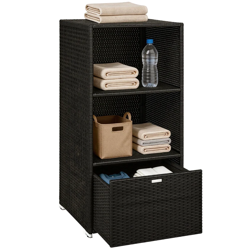 Outsunny Valet Pool Towel Rack, Water-Resistant PE Plastic Rattan Wicker Storage Organizer, 2 Shelves, 1 Basket Drawer