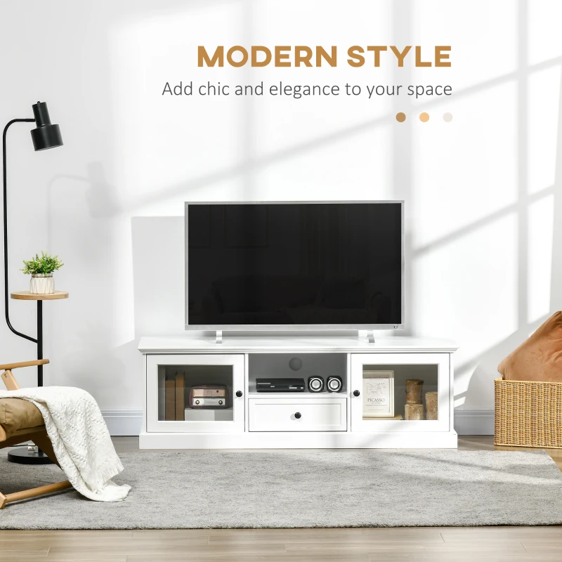 HOMCOM Modern TV Stand Cabinet for TVs up to 60 Inches, Entertainment Center with Drawer and Glass Doors for Living Room, White