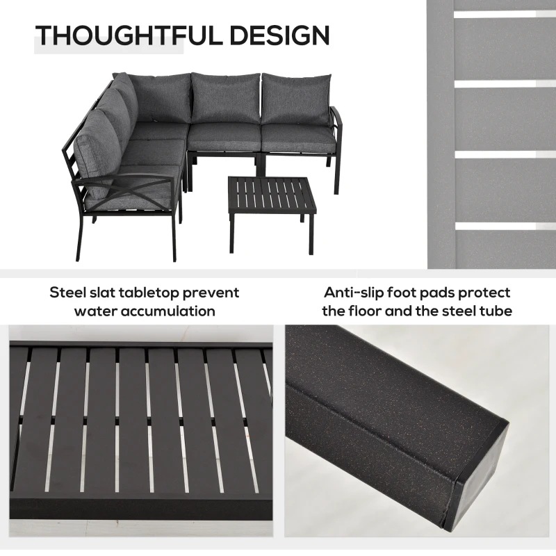 Outsunny 6-Piece Patio L-Shaped Sofa Conversation Set with Coffee Table, Water-Fighting Materials, & Comfort, Grey
