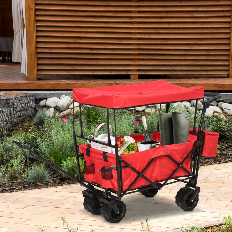 Outsunny Collapsible Folding Garden Utility Cart Wagon with Adjustable Push/Pull Handle, Canopy & All-Terrain Wheels, Red