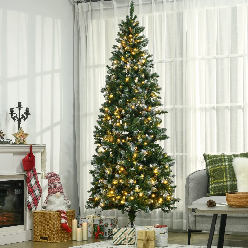 HOMCOM 7.5' Decorated Christmas Trees, Skinny Prelit Artificial Christmas Tree with Snow-dipped Branches, Auto Open, Pinecones