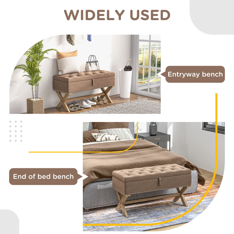 HOMCOM Upholstered Bedroom Bench, End of Bed Bench, Ottoman with Wood Legs, 35.75"W x 16.25"D x 19.75"H, Brown