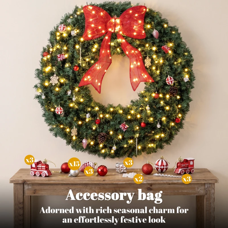 HOMCOM Artificial Xmas Wreath, 48 Inch Pre-Lit Christmas Wreath with 200 LED Lights, Lighted Bow and 31 Ornament Set, Green