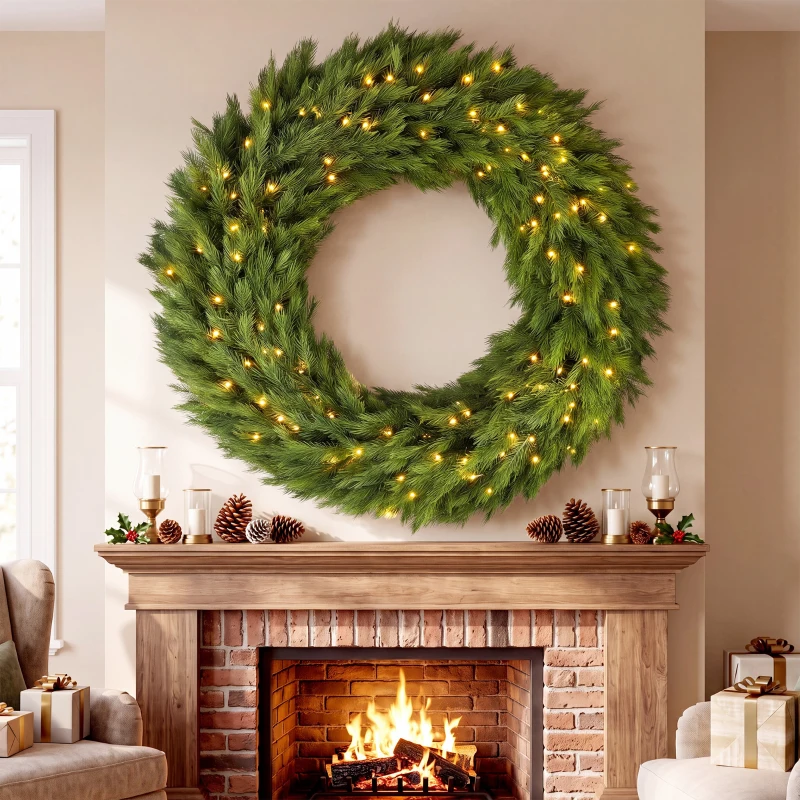 HOMCOM Christmas Decoration, 48 in Pre-Lit Norwegian Spruce Artificial Christmas Wreath with 150 LED Lights, Green