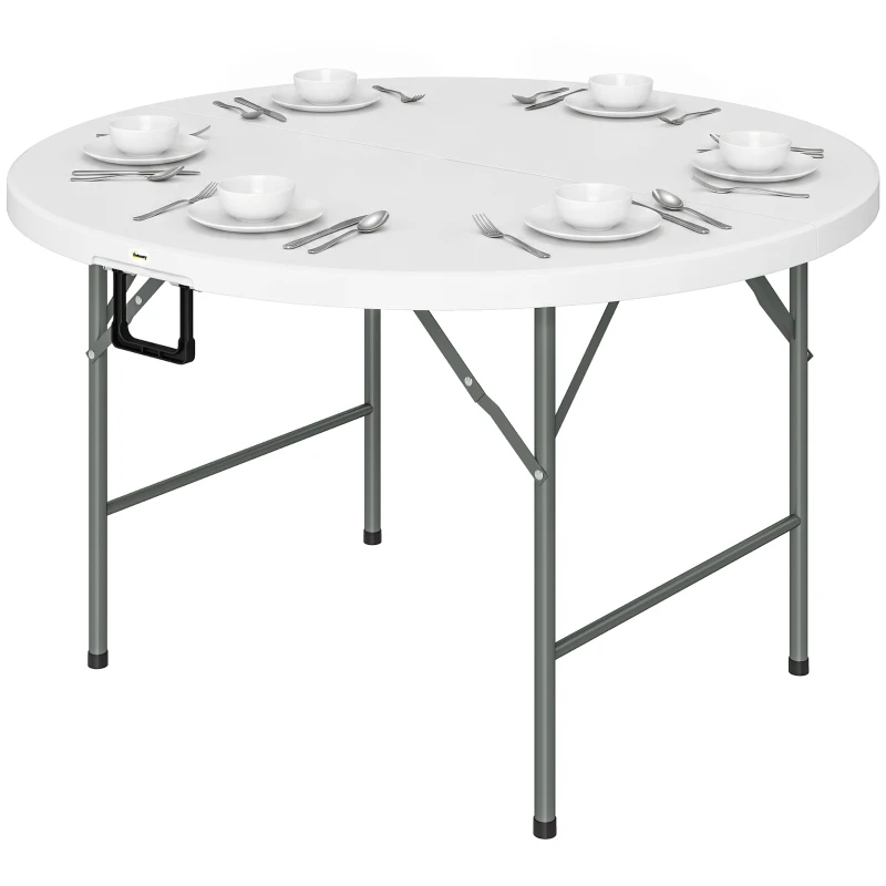 Outsunny Φ48" Folding Patio Table, Outdoor HDPE Picnic Table, Card Table for 6, Round Folding Banquet with Metal Frame, White