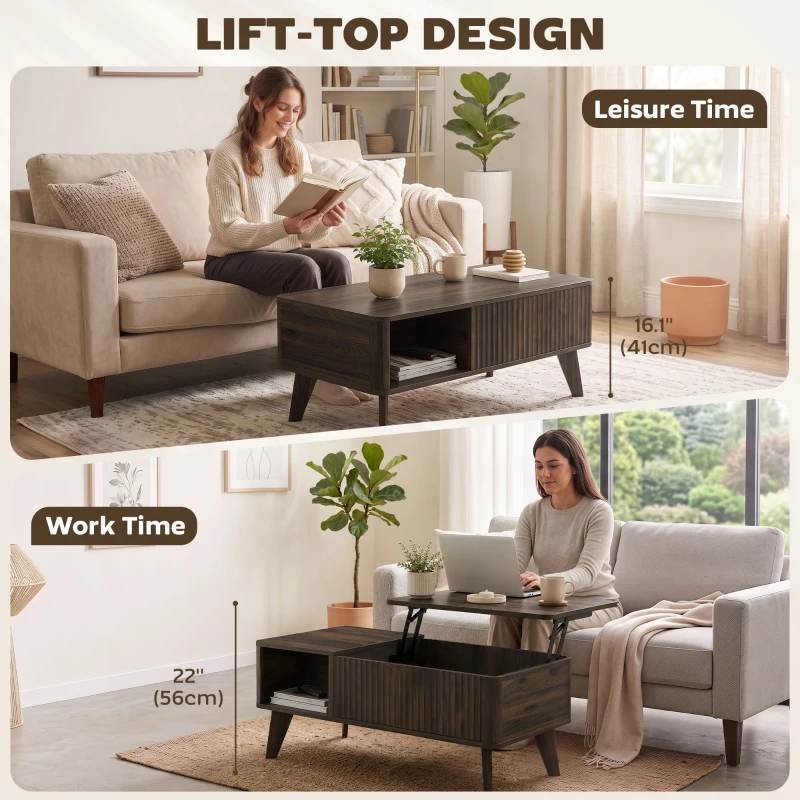 HOMCOM 40" Fluted Lift Top Coffee Table with Storage, Mid-Century Coffee Table with Hidden Compartment, Open Shelf, Walnut